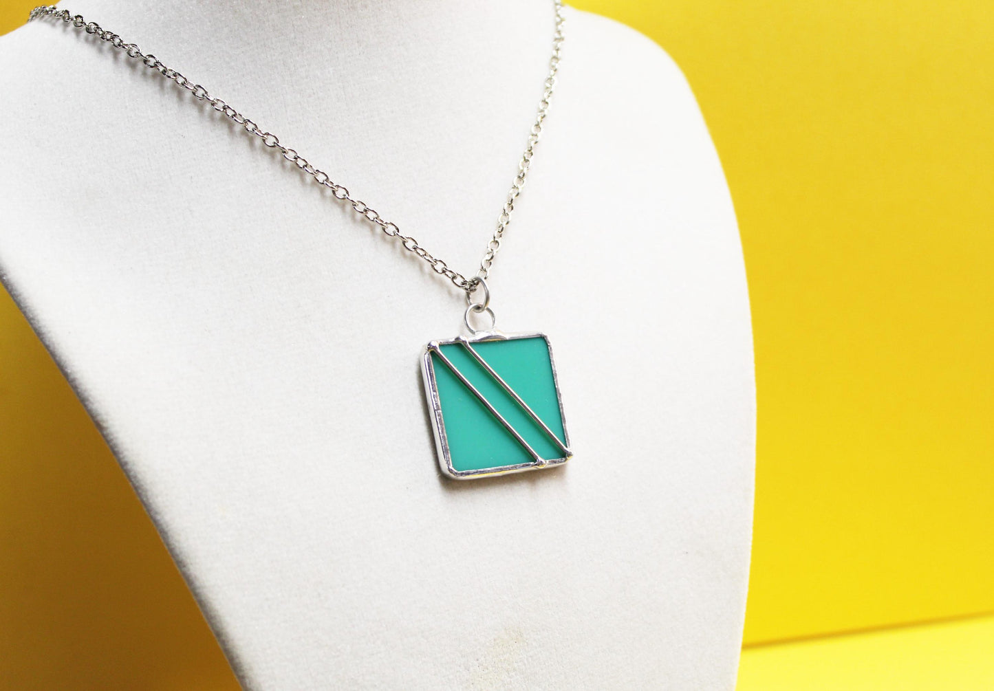 Turquoise green glass pendant necklace with chain. Small square minimalist jewelry. Wearable art.
