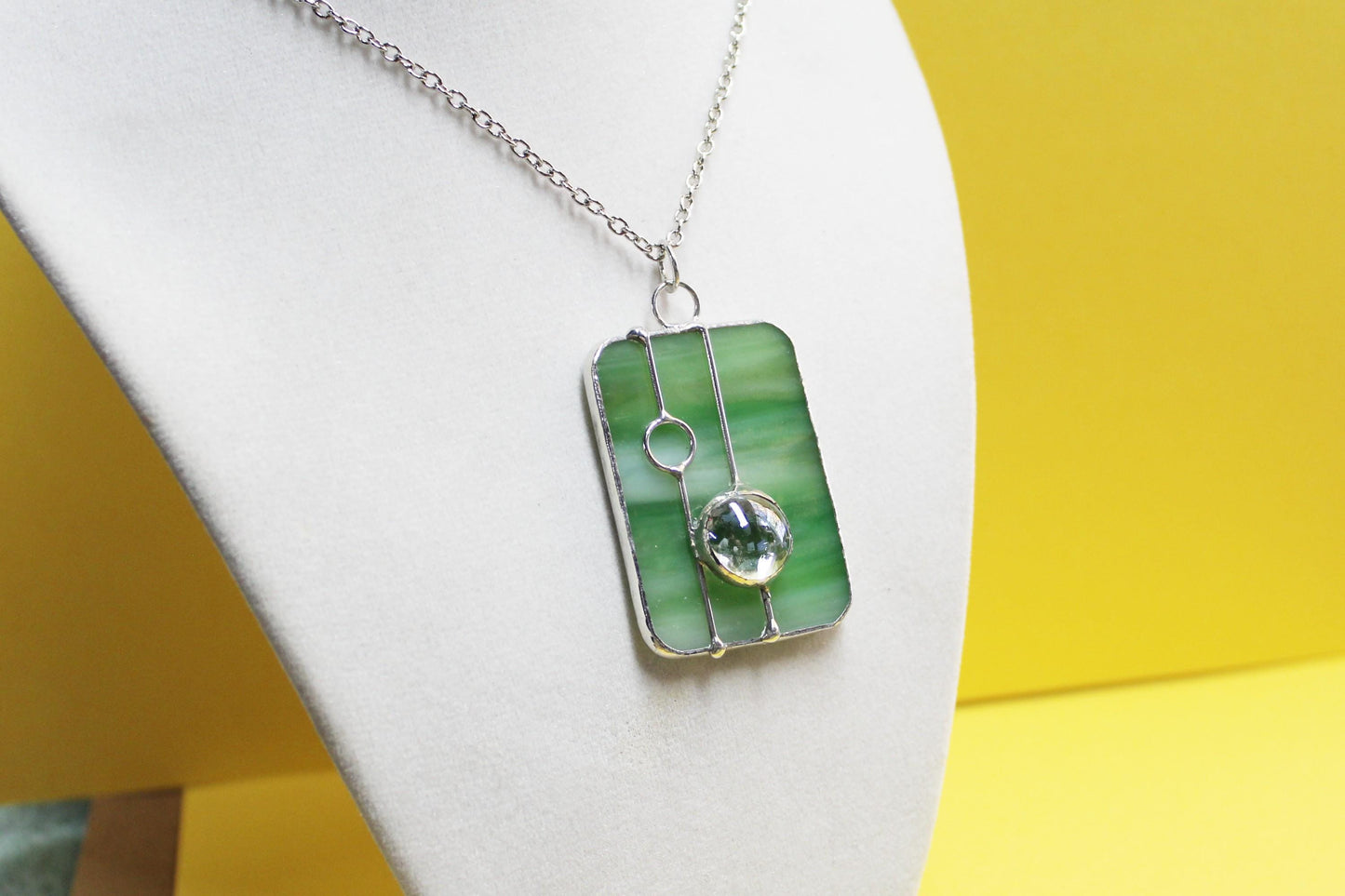 Medium Green wispy glass pendant necklace with chain. Stained glass jewelry. Wearable art.
