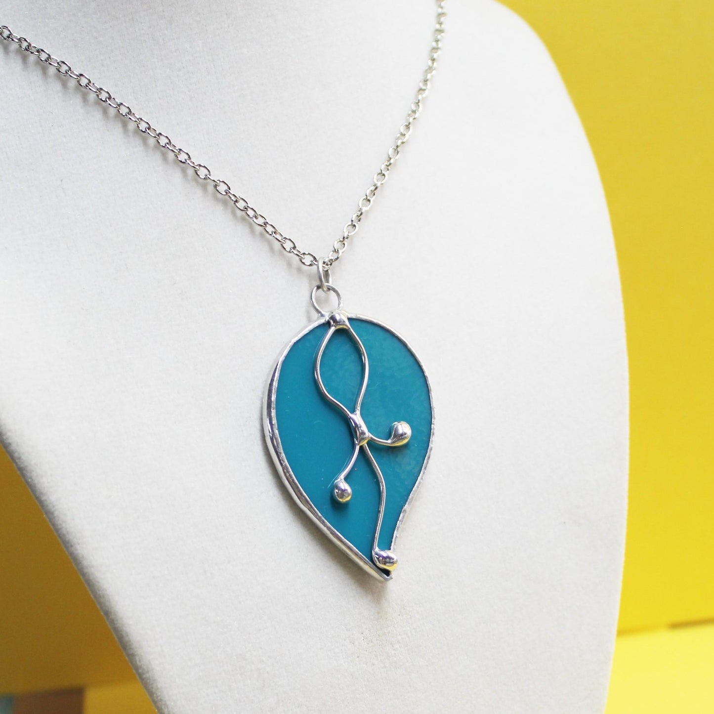 Peacock green glass pendant necklace with chain. Stained glass jewelry. Wearable art.