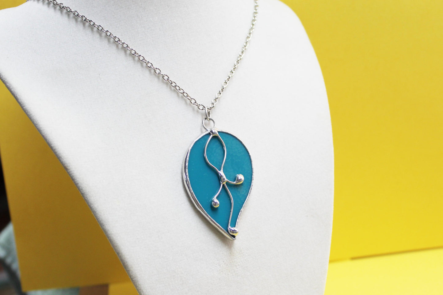 Peacock green glass pendant necklace with chain. Stained glass jewelry. Wearable art.