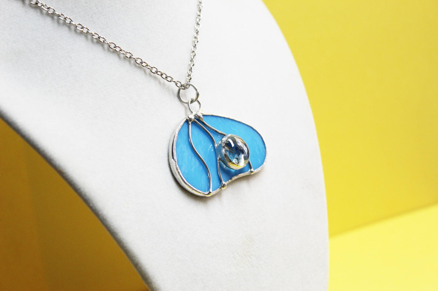 Turquoise blue glass pendant necklace with chain. Stained glass jewelry. Wearable art.