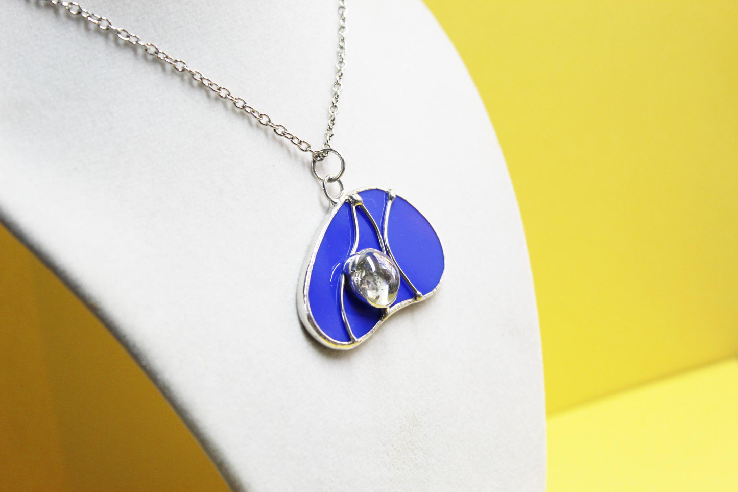 Medium blue glass pendant necklace with chain. Sained glass jewelry. Wearable art.