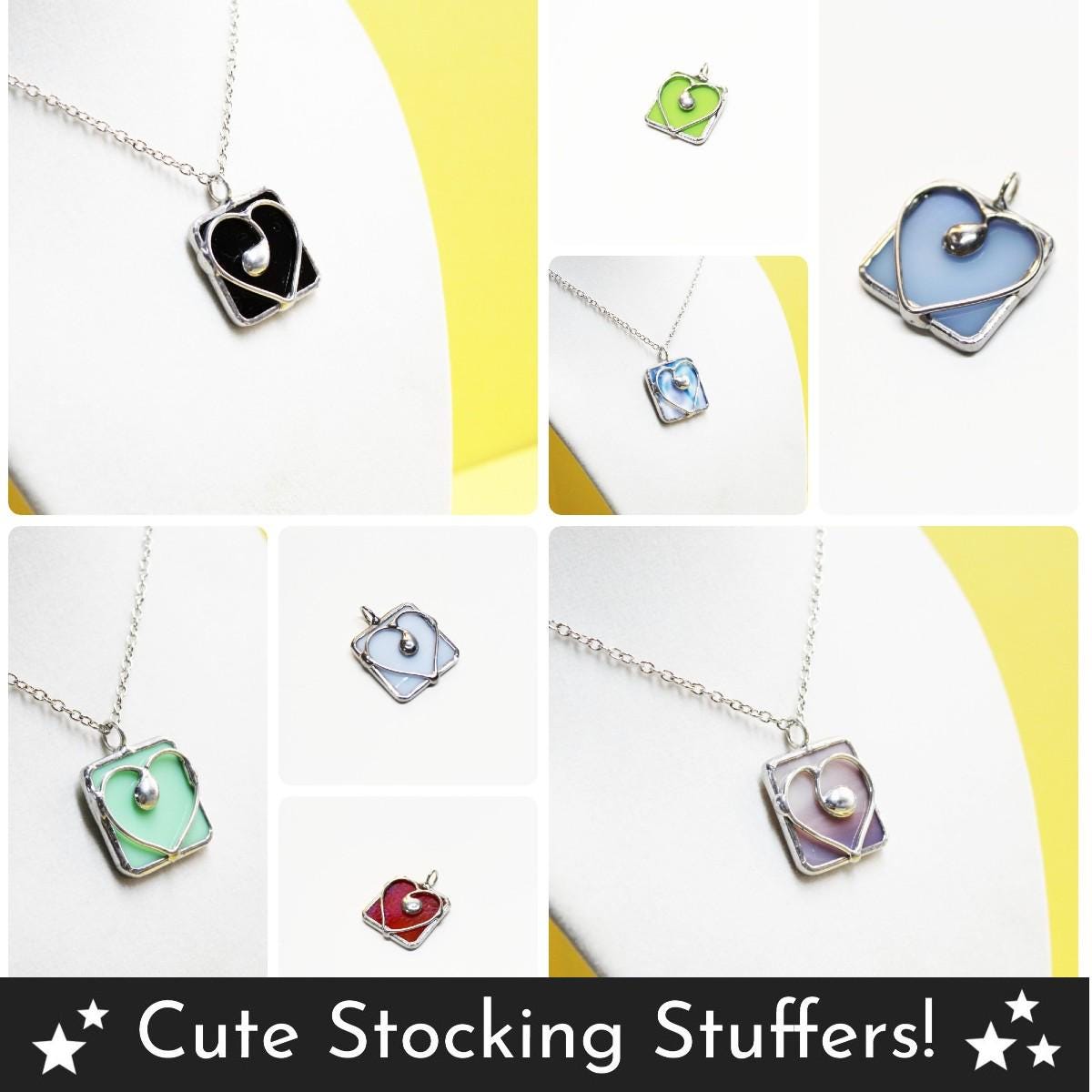 Stained Glass Heart pendant necklace with chain. 12 colors. Small jewelry. Wearable art.