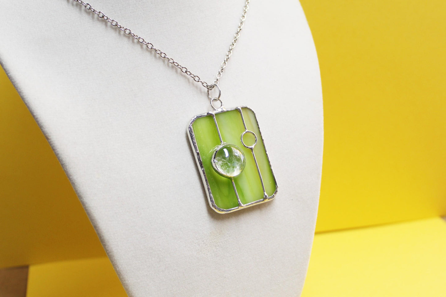 Celery green wispy glass pendant necklace with chain. Stained glass statement jewelry. Wearable art.