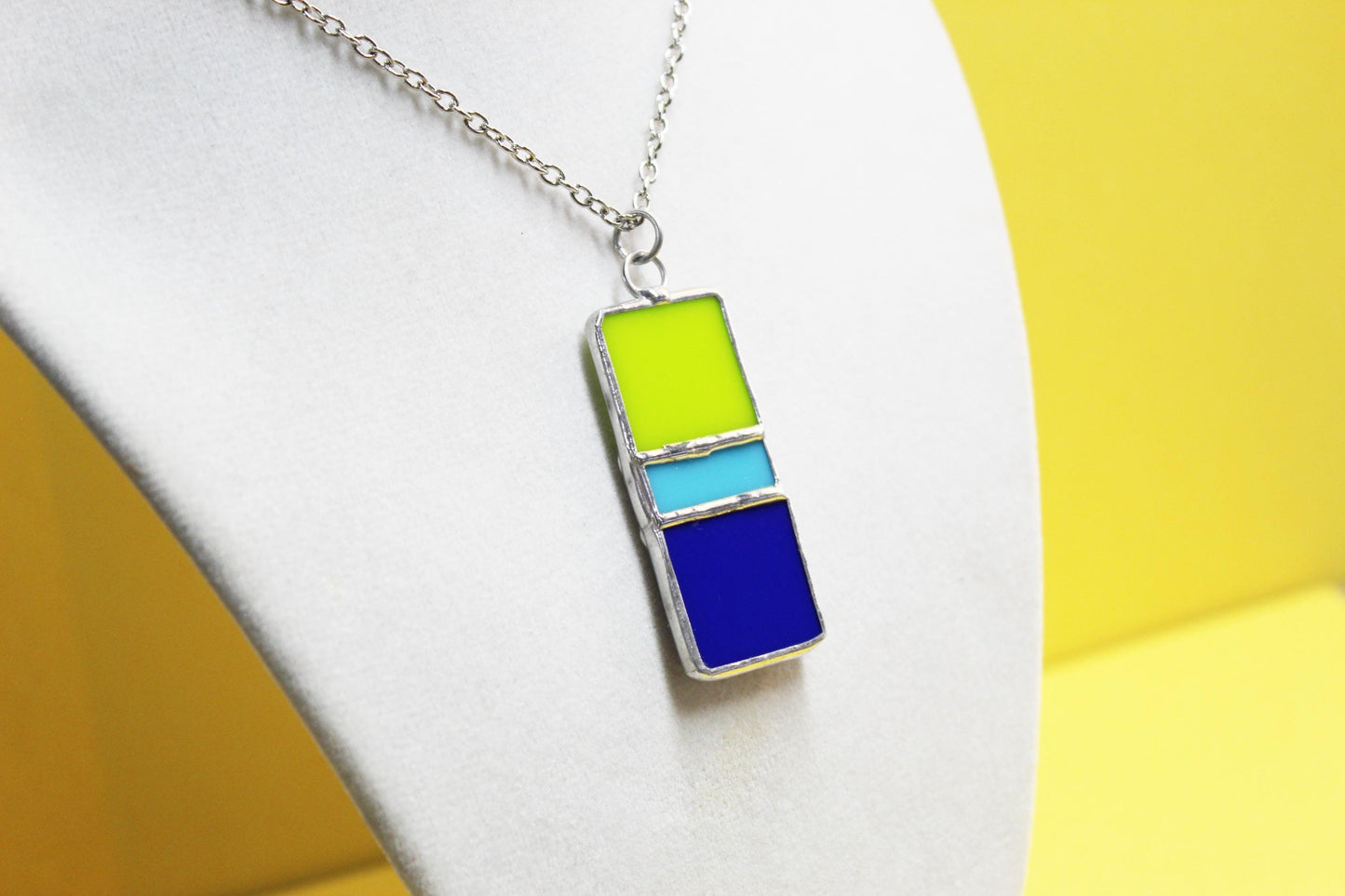 Lime green and blues glass pendant necklace with chain. Color block stained glass jewelry. Wearable art.