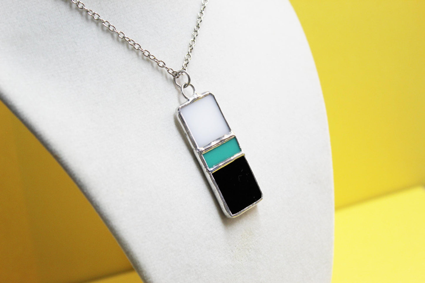 White turquoise black glass pendant necklace with chain. Stained glass jewelry. Wearable art.