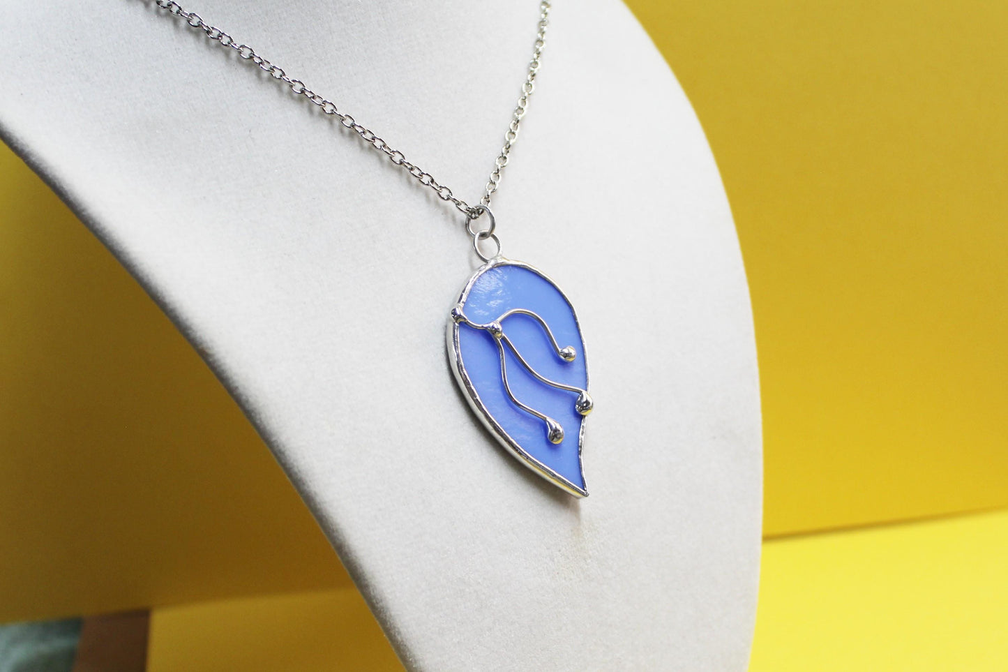 Hydrangea blue glass pendant necklace with chain. Stained glass jewelry. Wearable art.