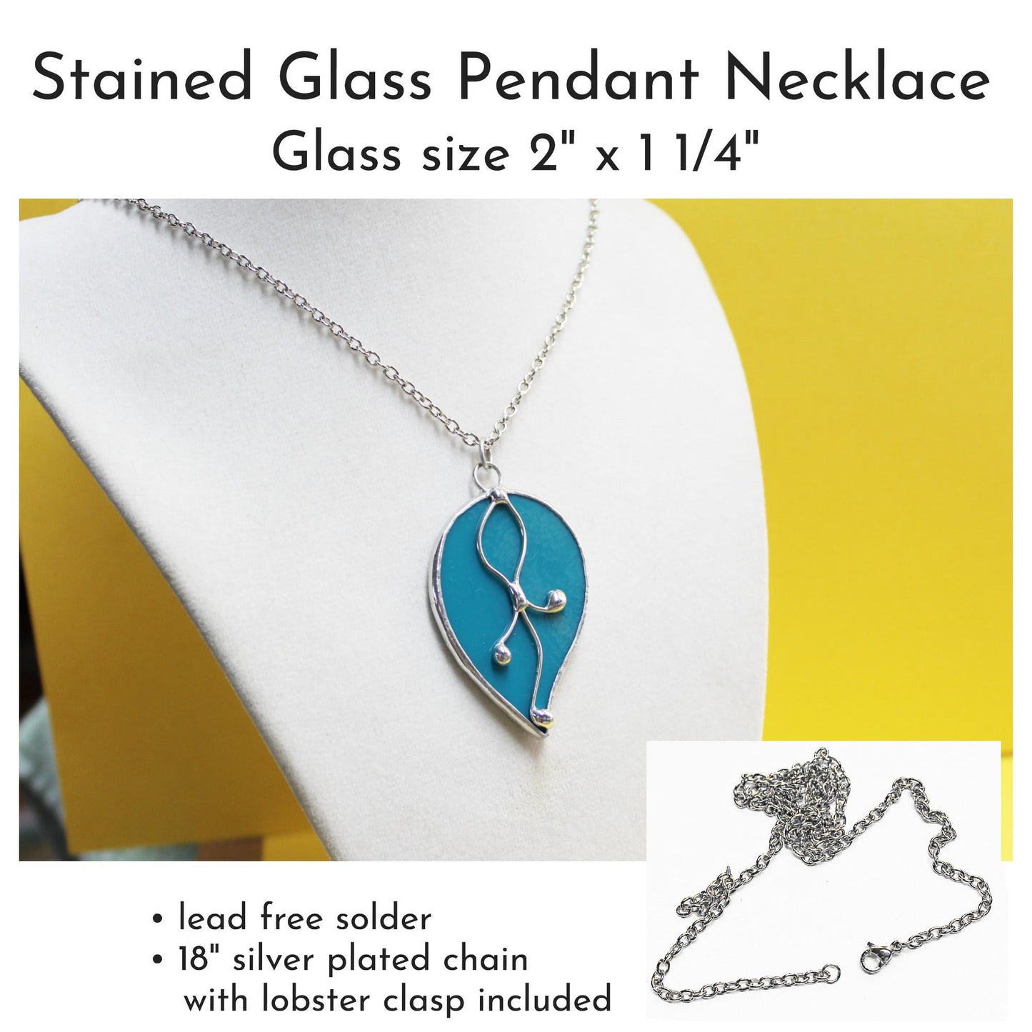 Peacock green glass pendant necklace with chain. Stained glass jewelry. Wearable art.