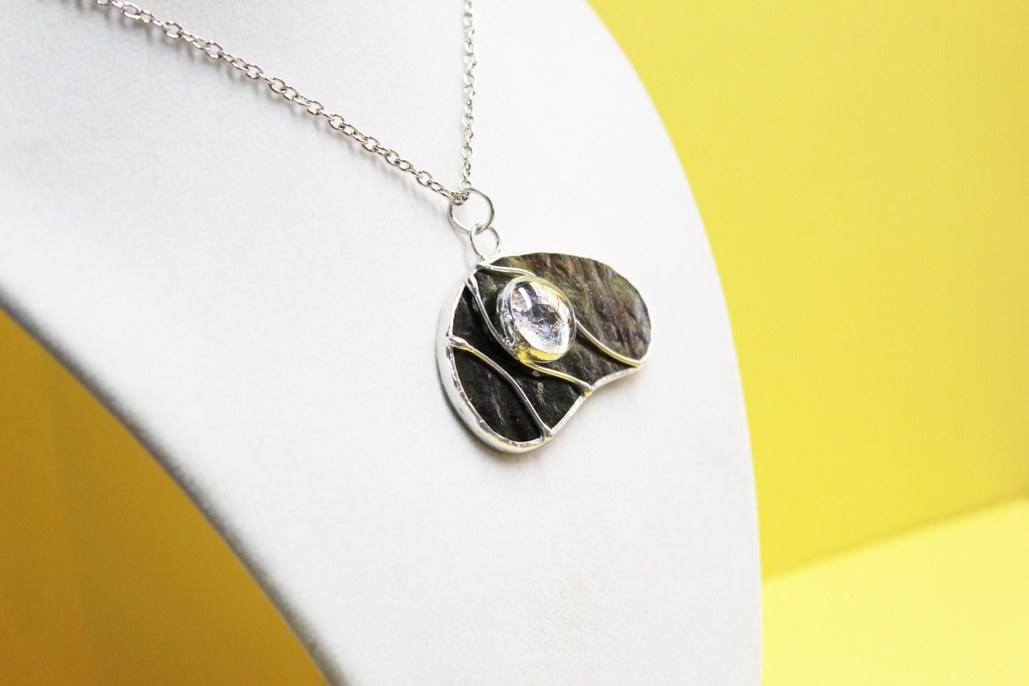 Dark Olive Green glass pendant necklace with chain. Stained glass jewelry. Wearable art.