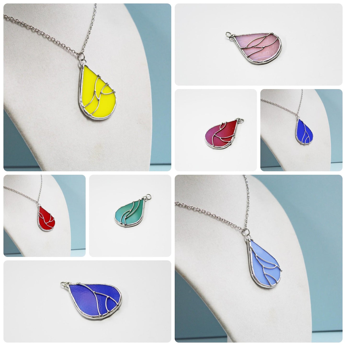 Stained Glass Teardrop Pendant Necklace. 6 colors. Chain included. Colorful Wearable art.