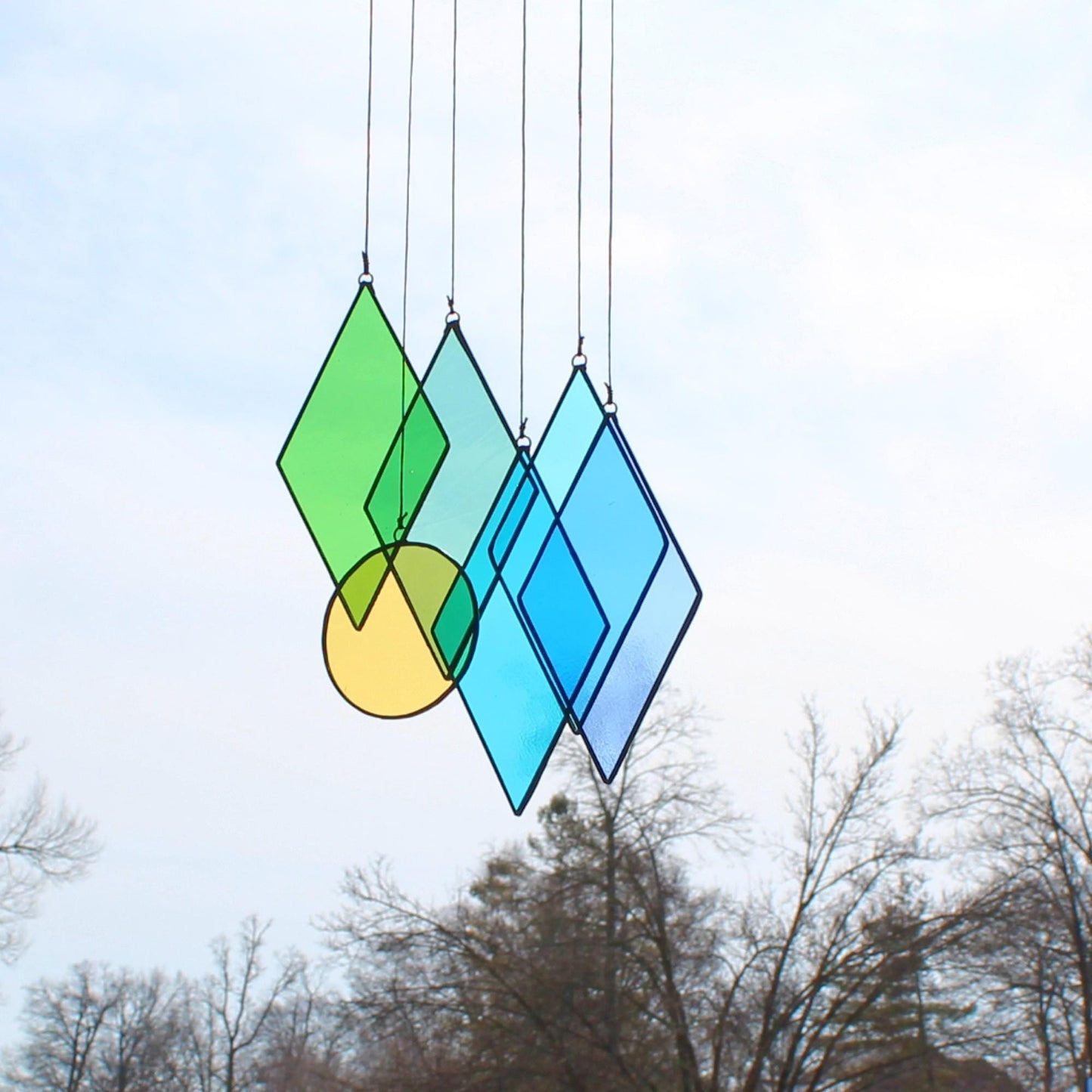 Geometric Stained Glass Mobile Suncatcher – Colorful Hanging Window Art. Diamonds & Circle