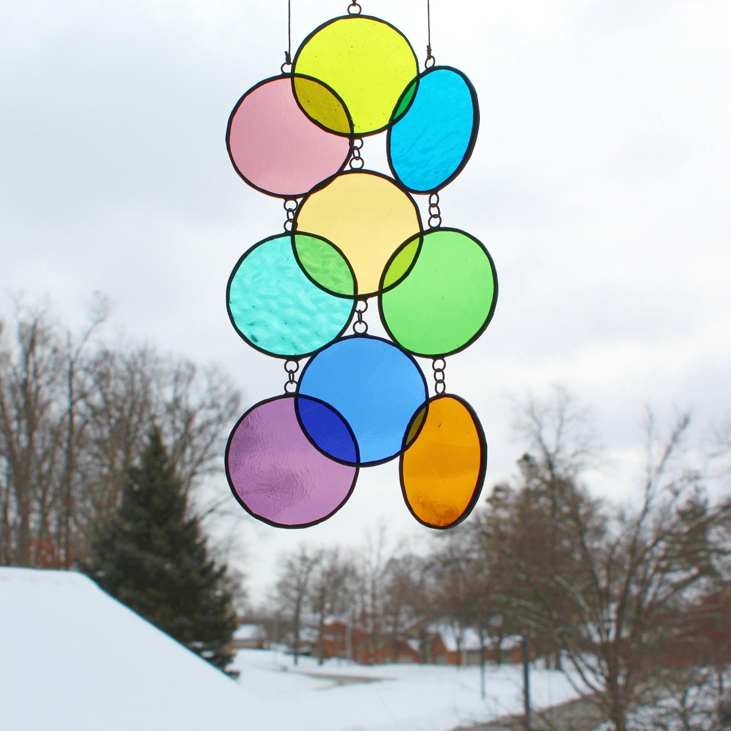 Modern Geometric Stained Glass Mobile Suncatcher – Colorful Hanging Window Art. Circles.
