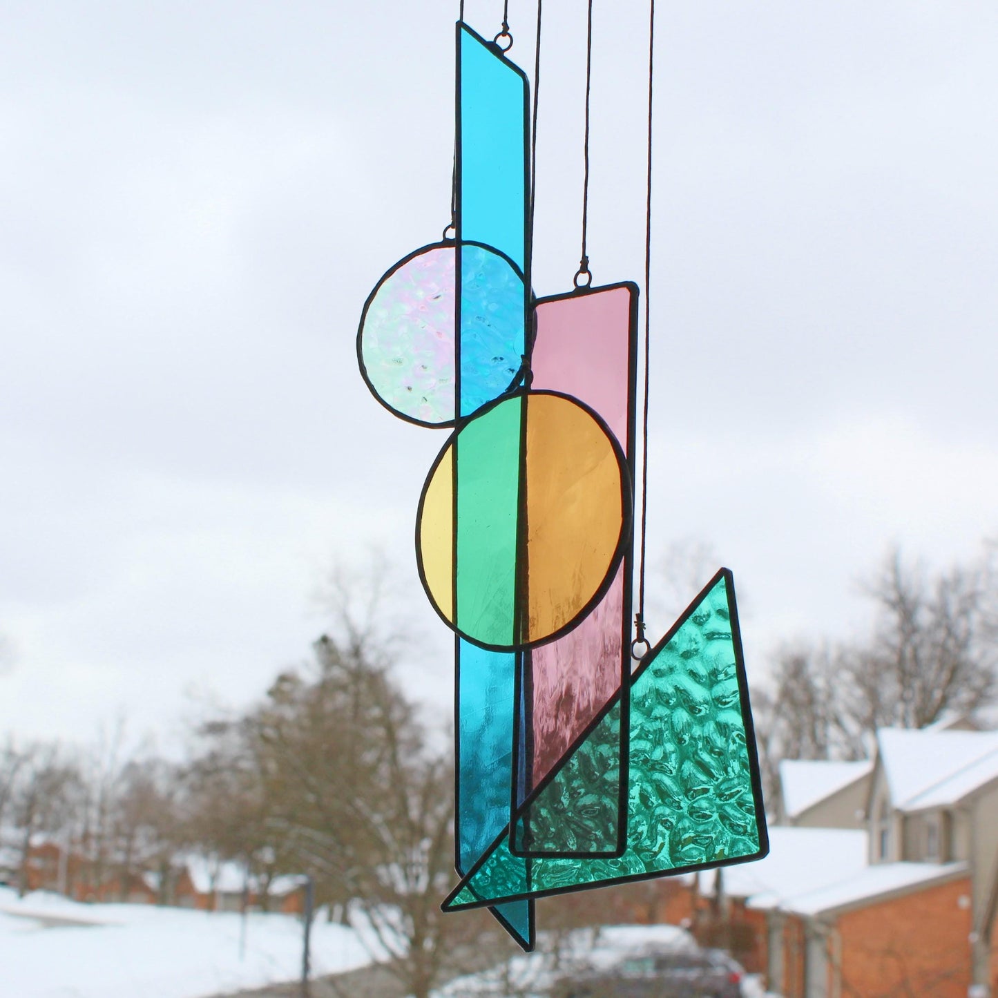 Modern Geometric Stained Glass Mobile Suncatcher – Colorful Hanging Window Art. Pastels.