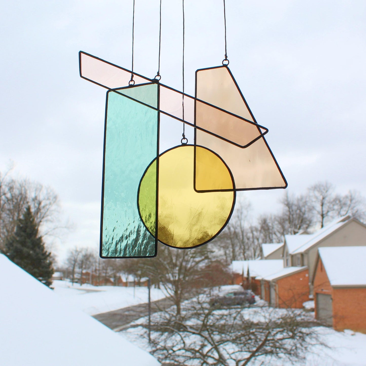Modern Geometric Stained Glass Mobile Suncatcher – Colorful Hanging Window Art. Earthy Neutrals.
