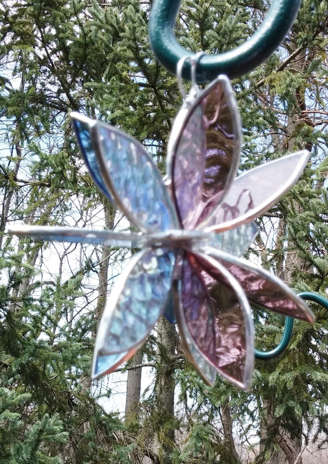 Stained glass hanging flower suncatcher. Garden & Home decor. Clear Rose Blue