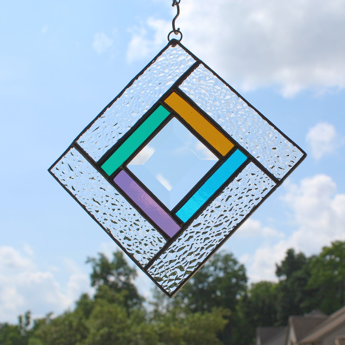 Small Square Stained Glass Suncatcher – Silver Finish, Faceted Bevel & Jewel Tones Accent