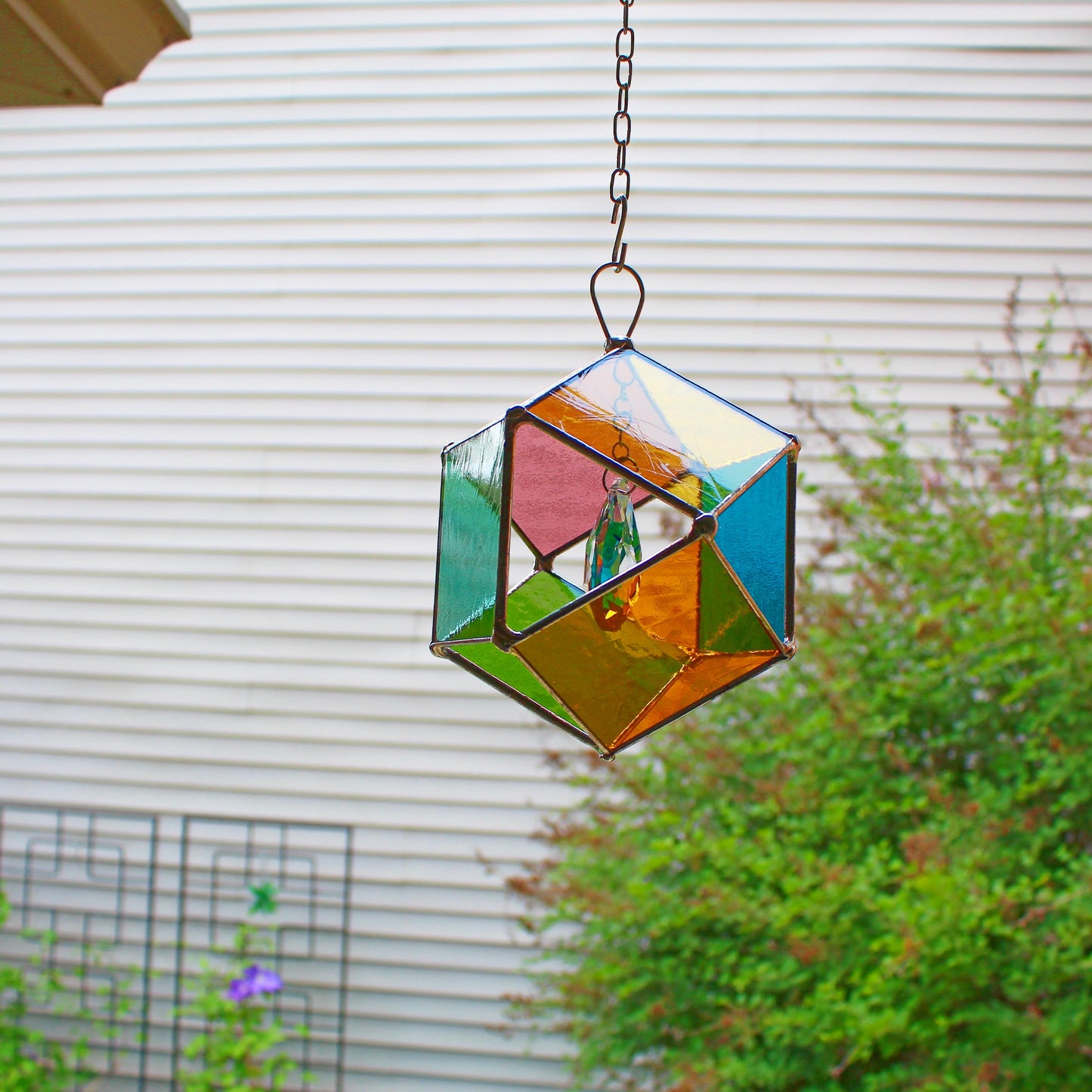 Squared Orb Glass Suncatcher with Centered Teardrop Crystal. Jewel tones.