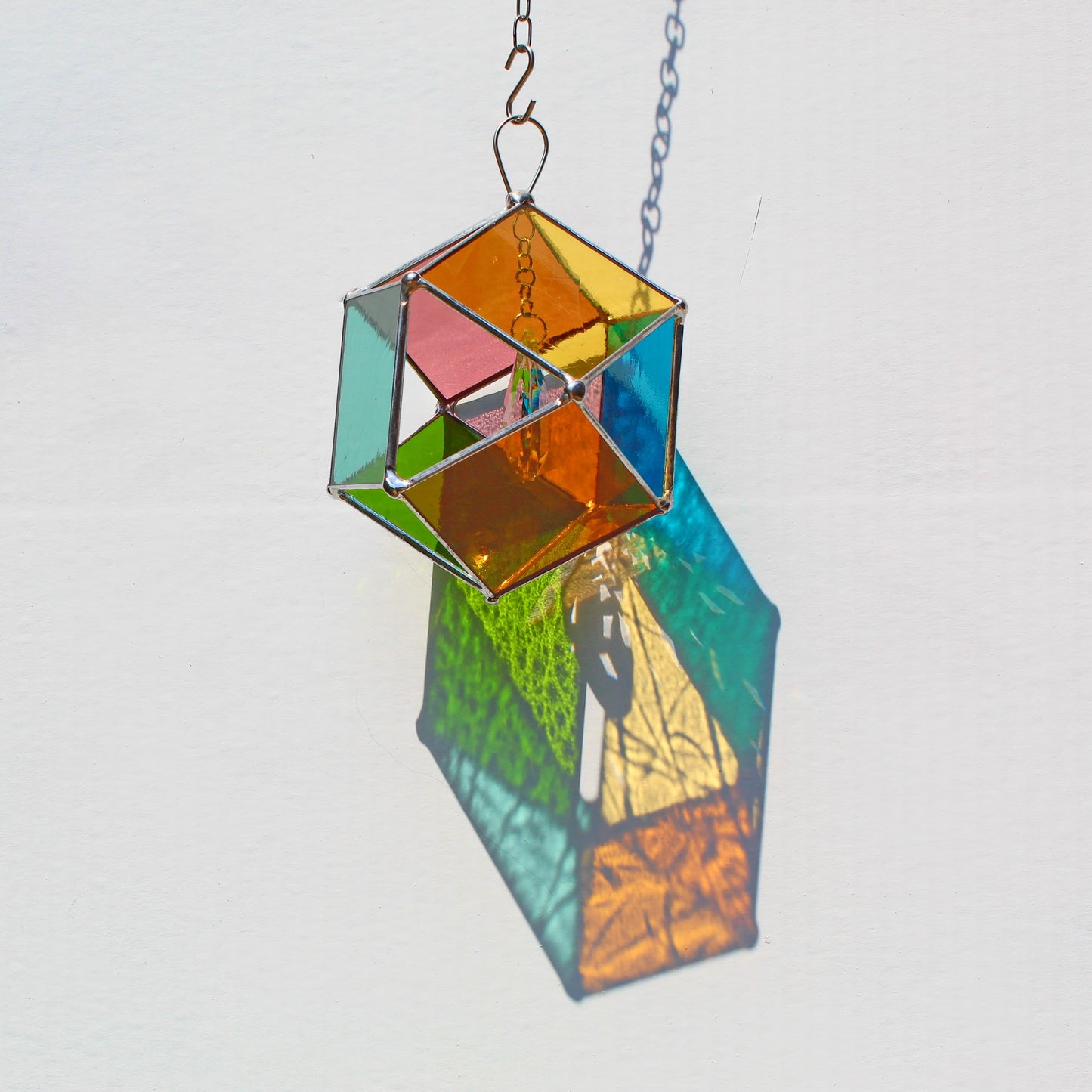 Squared Orb Glass Suncatcher with Centered Teardrop Crystal. Jewel tones.
