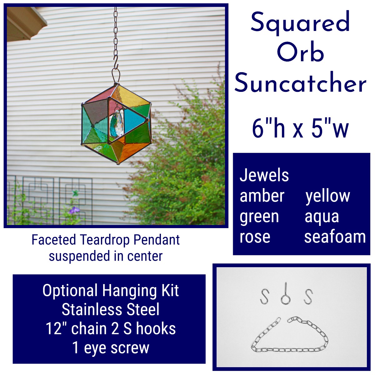 Squared Orb Glass Suncatcher with Centered Teardrop Crystal. Jewel tones.