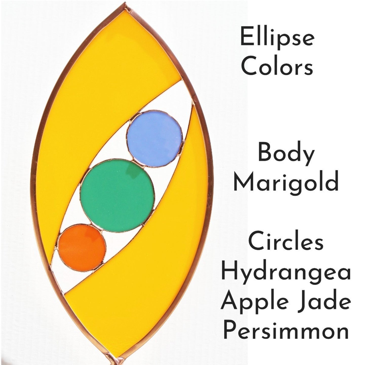 Ellipse shaped glass garden art stake. Marigold. Copper framed. Opaque glass.