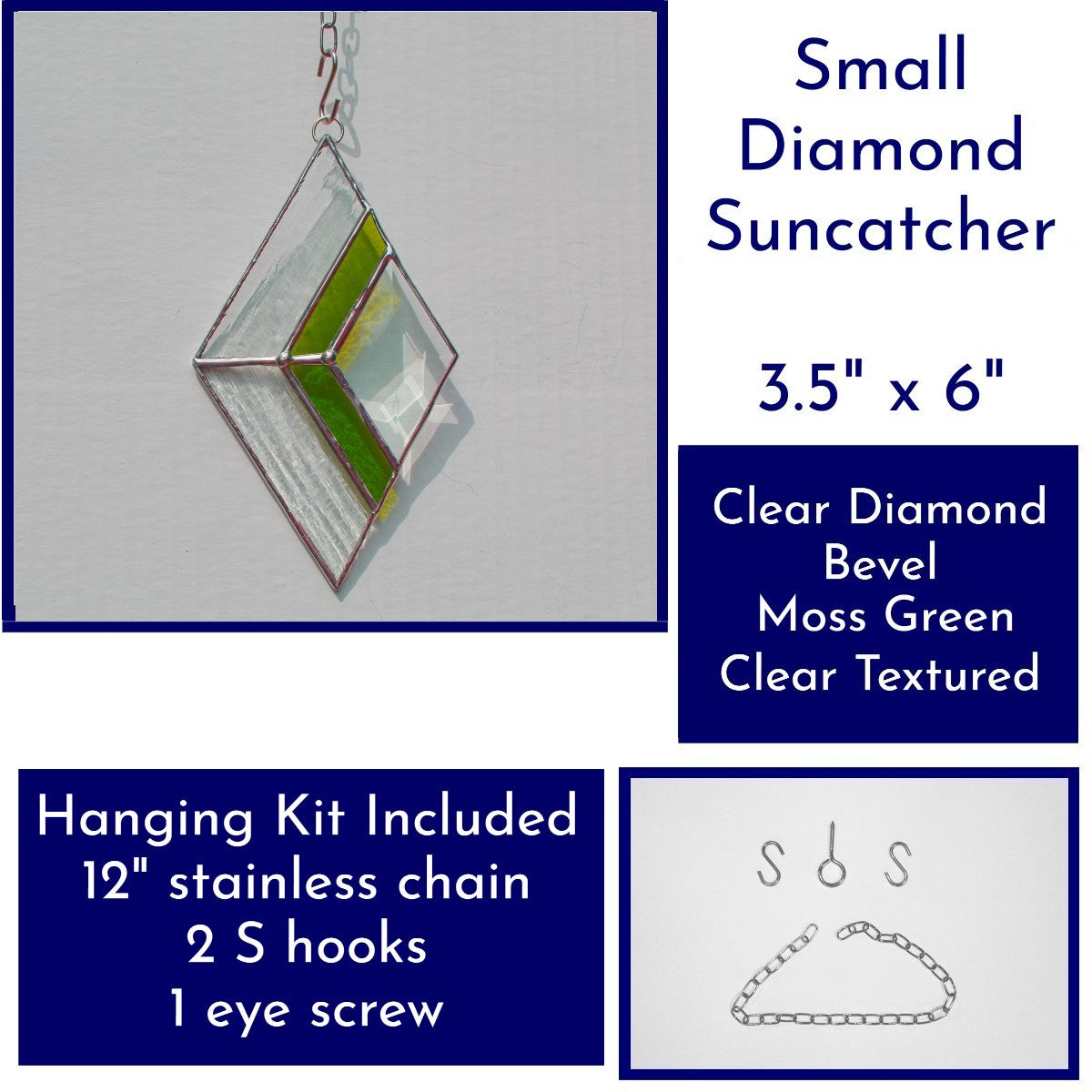Small Diamond Stained Glass Suncatcher – Silver Finish, Faceted Bevel & Moss Green Accent