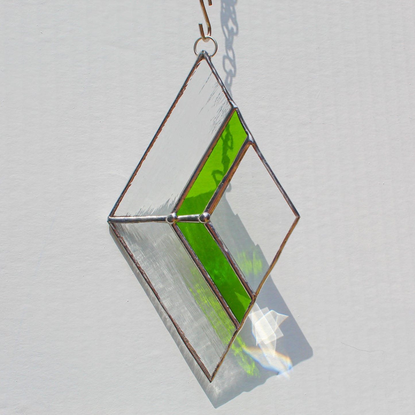 Small Diamond Stained Glass Suncatcher – Silver Finish, Faceted Bevel & Moss Green Accent