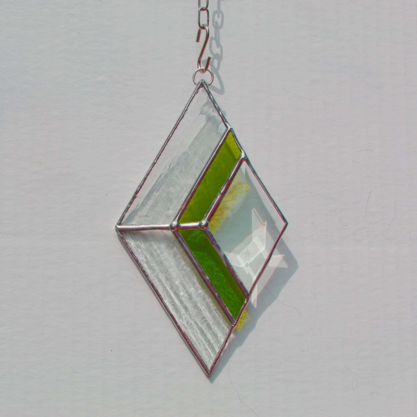Small Diamond Stained Glass Suncatcher – Silver Finish, Faceted Bevel & Moss Green Accent