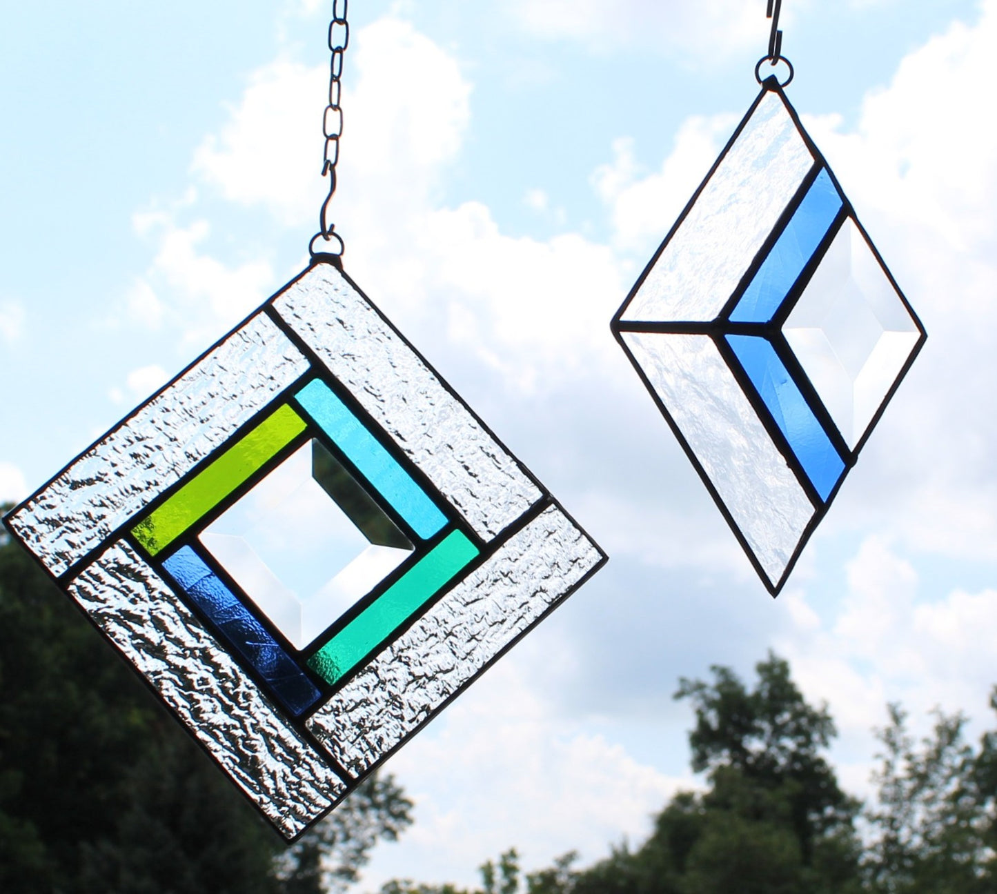 Small Square Stained Glass Suncatcher – Silver Finish, Faceted Bevel & Green and Blue Accent