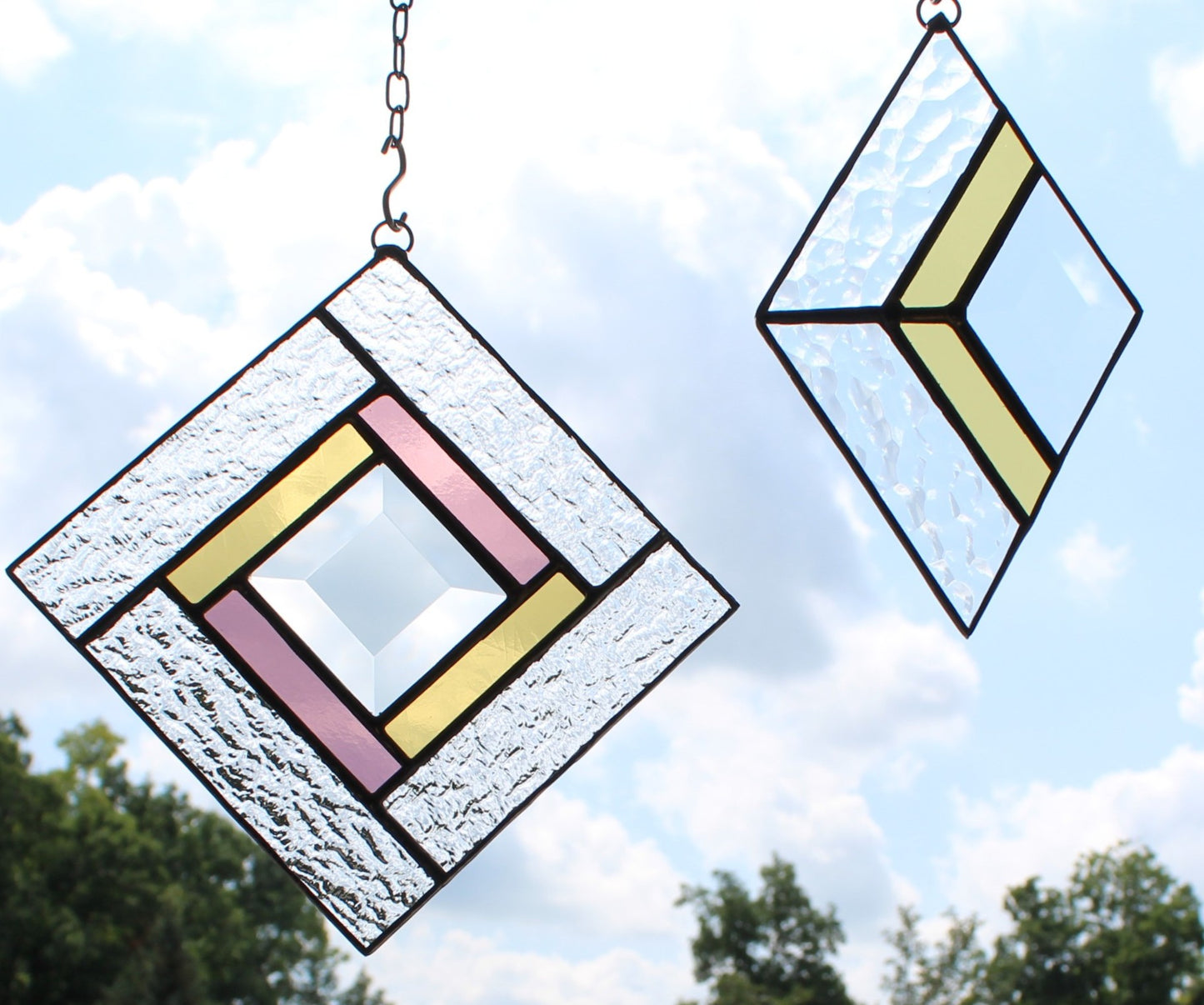 Small Square Stained Glass Suncatcher – Silver Finish, Faceted Bevel & Rose and Golden Yellow Accent