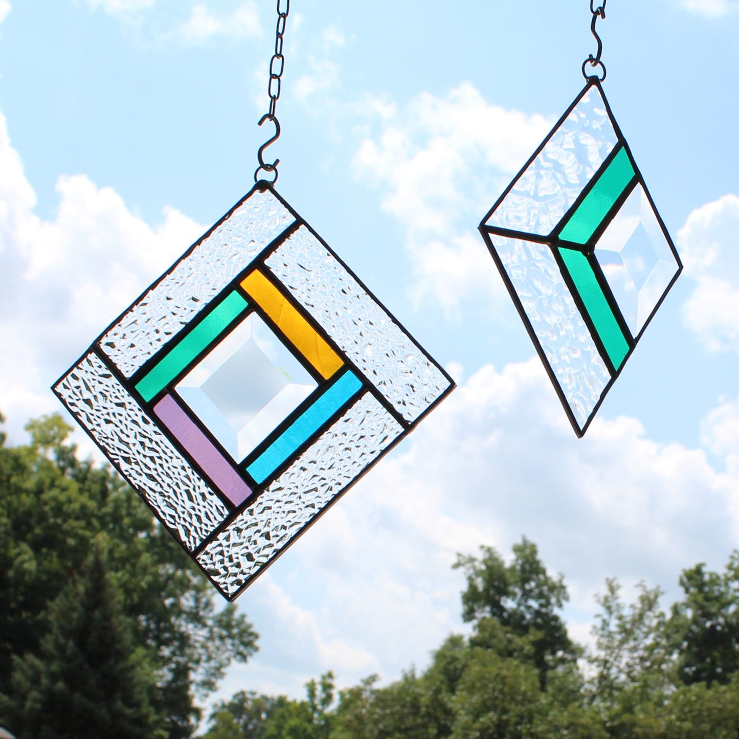 Small Square Stained Glass Suncatcher – Silver Finish, Faceted Bevel & Jewel Tones Accent