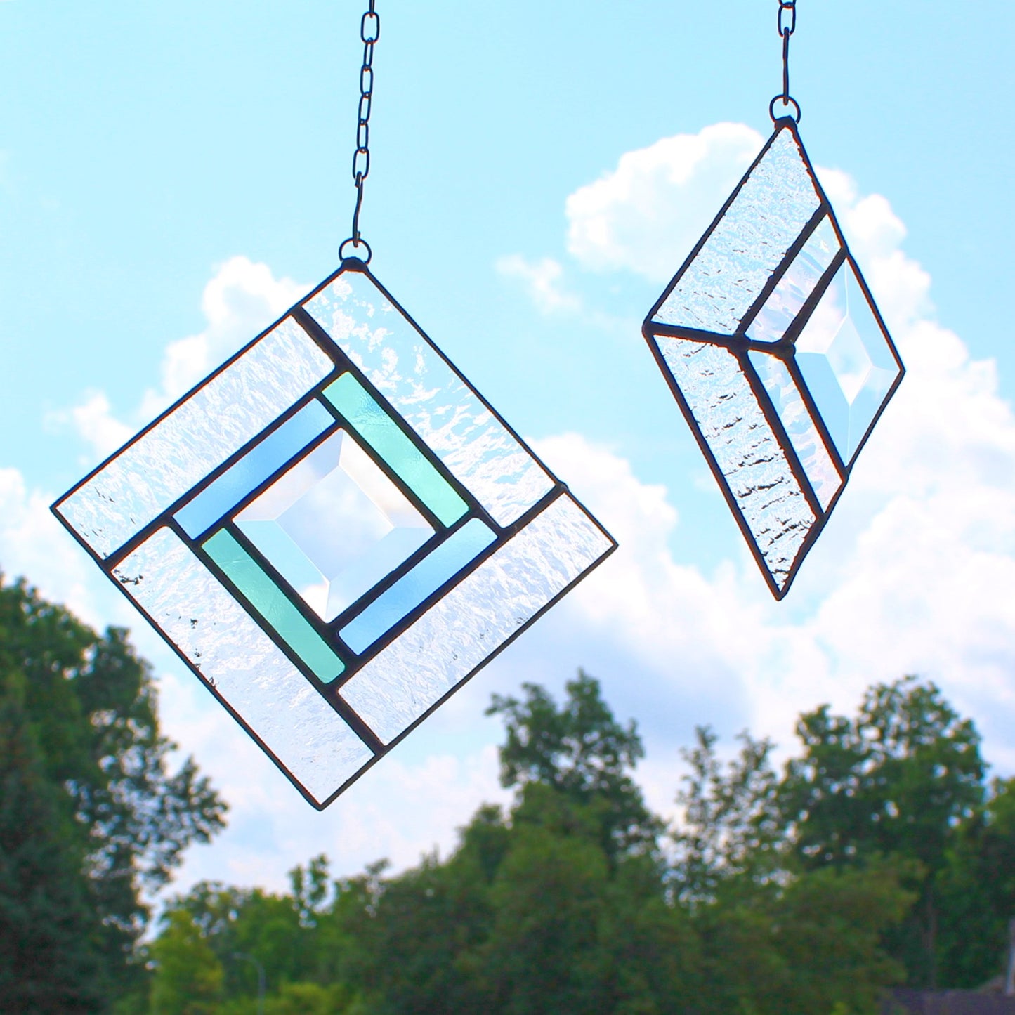 Small Square Stained Glass Suncatcher – Silver Finish, Faceted Bevel & Pale Blue & Green Accent