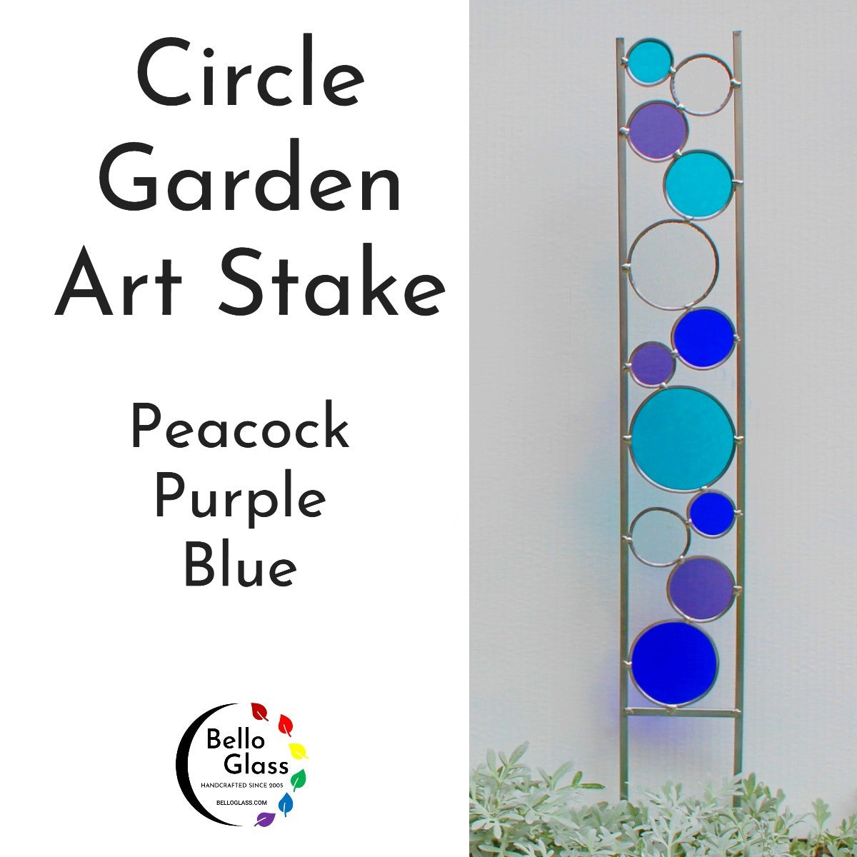 Glass Circle Garden Art Stake. Unique colorful yard décor. Peacock, Purple, Blue.