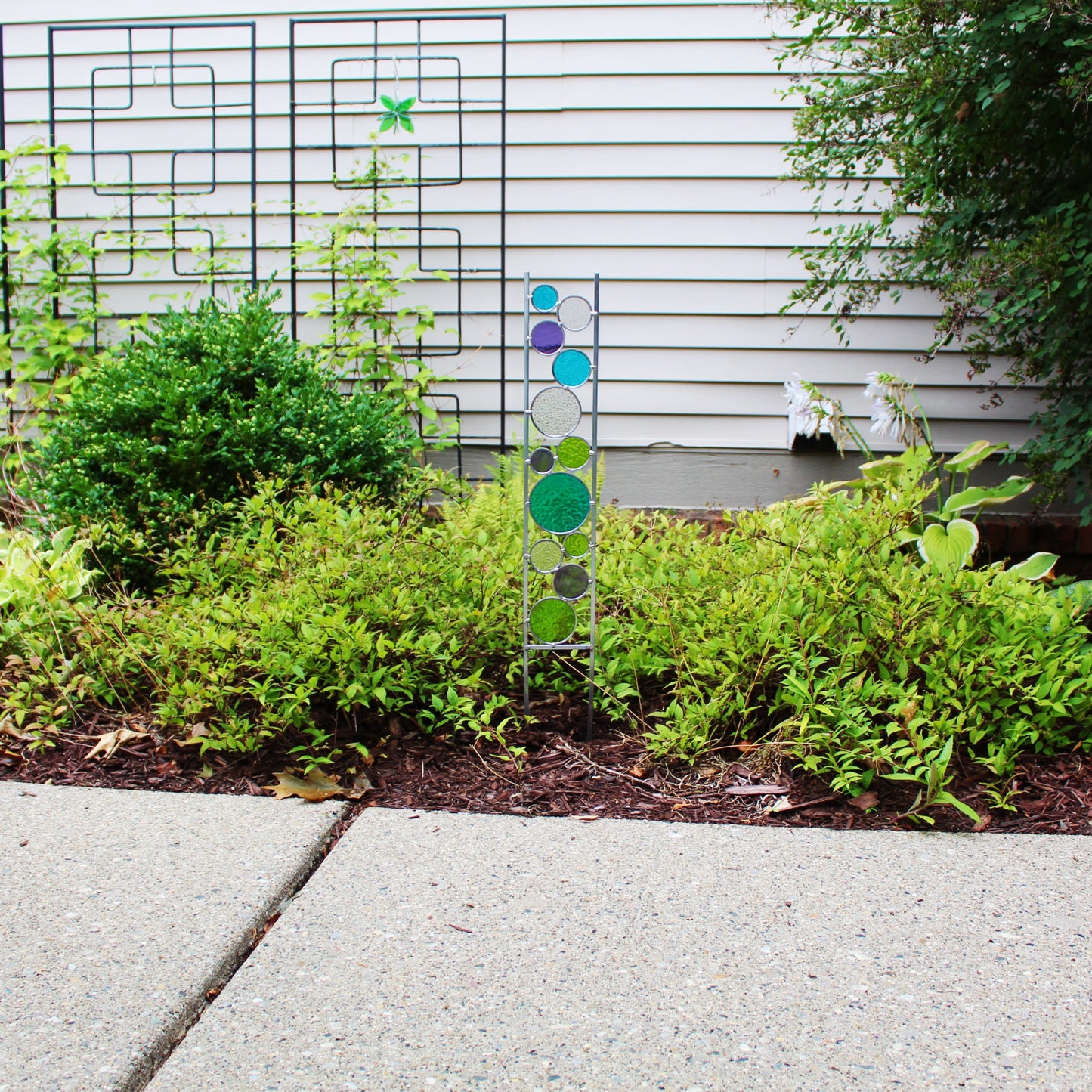 Glass Circle Garden Art Stake. Unique colorful yard décor. Peacock, Lime, Purple