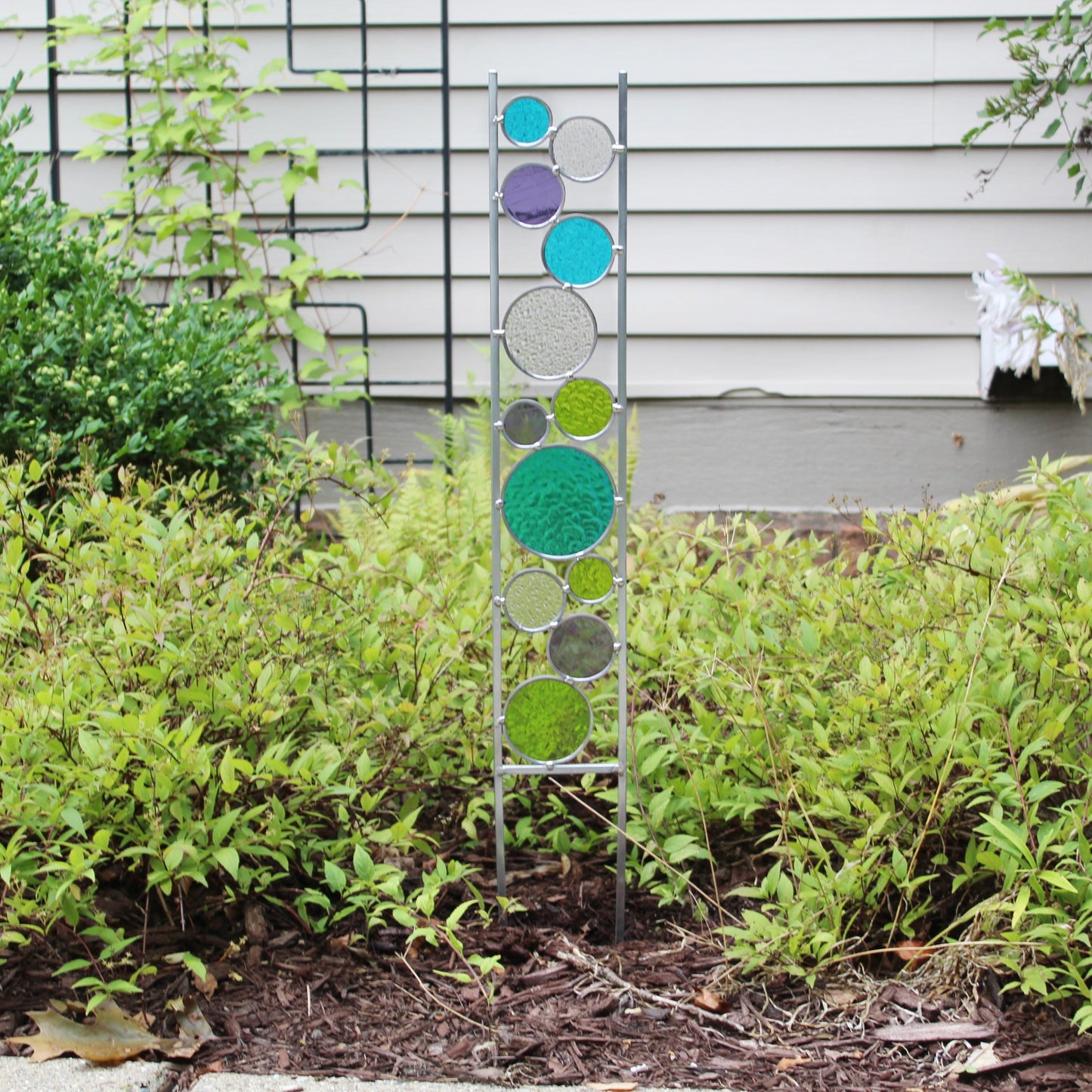 Glass Circle Garden Art Stake. Unique colorful yard décor. Peacock, Lime, Purple