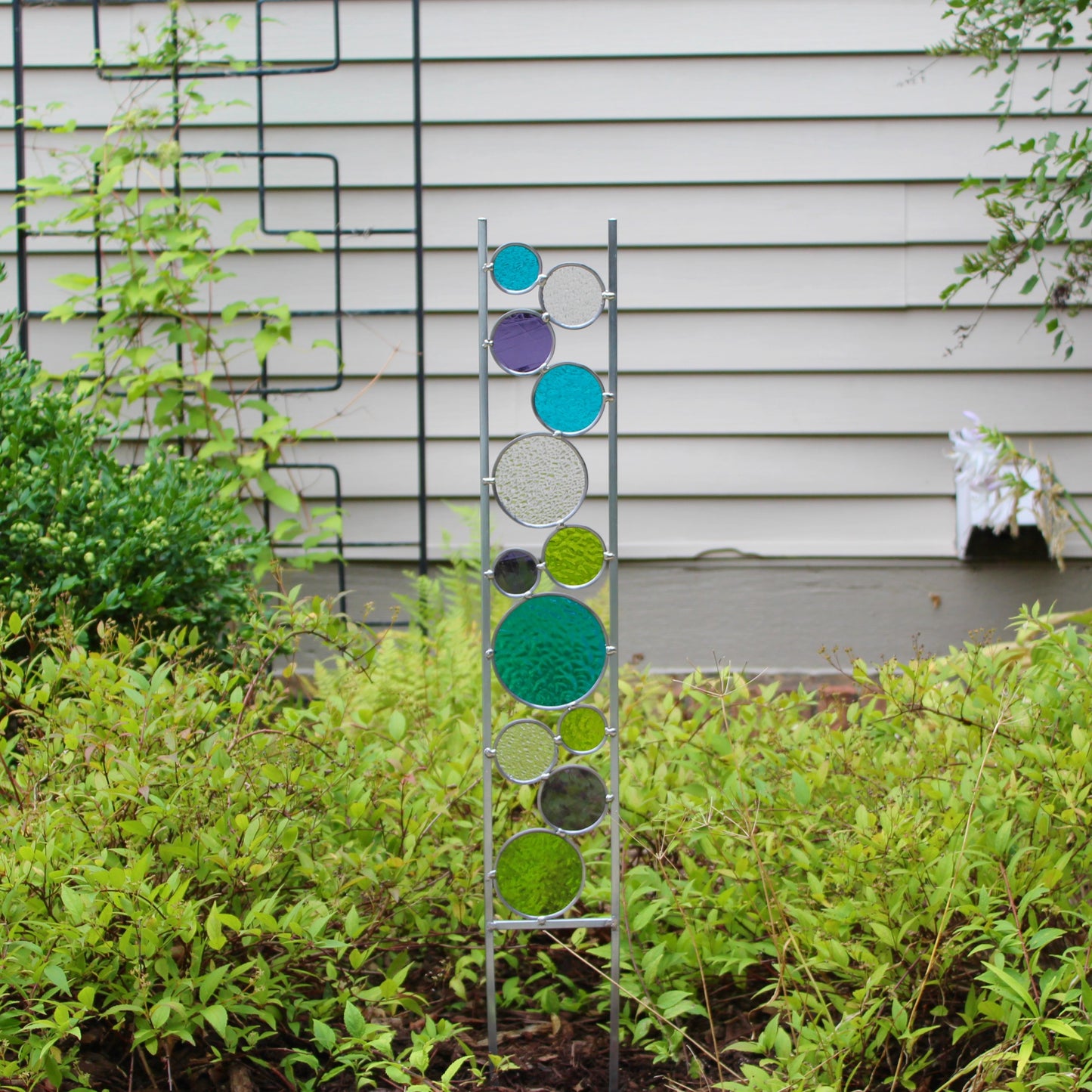 Glass Circle Garden Art Stake. Unique colorful yard décor. Peacock, Lime, Purple