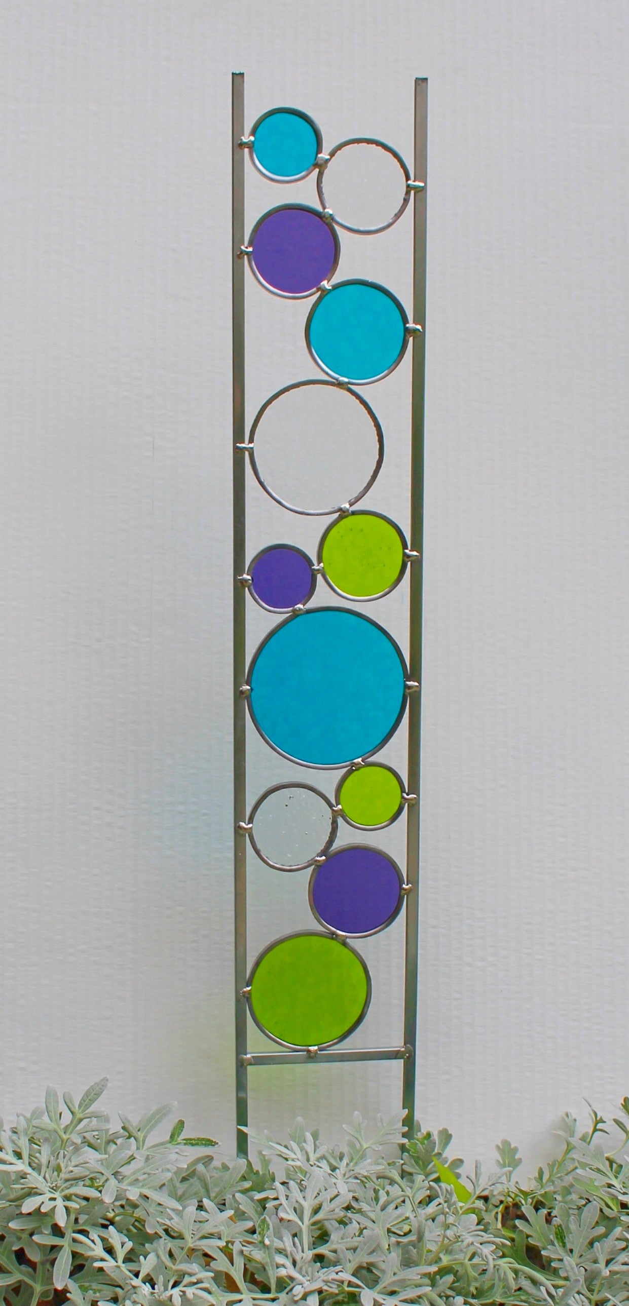 Glass Circle Garden Art Stake. Unique colorful yard décor. Peacock, Lime, Purple