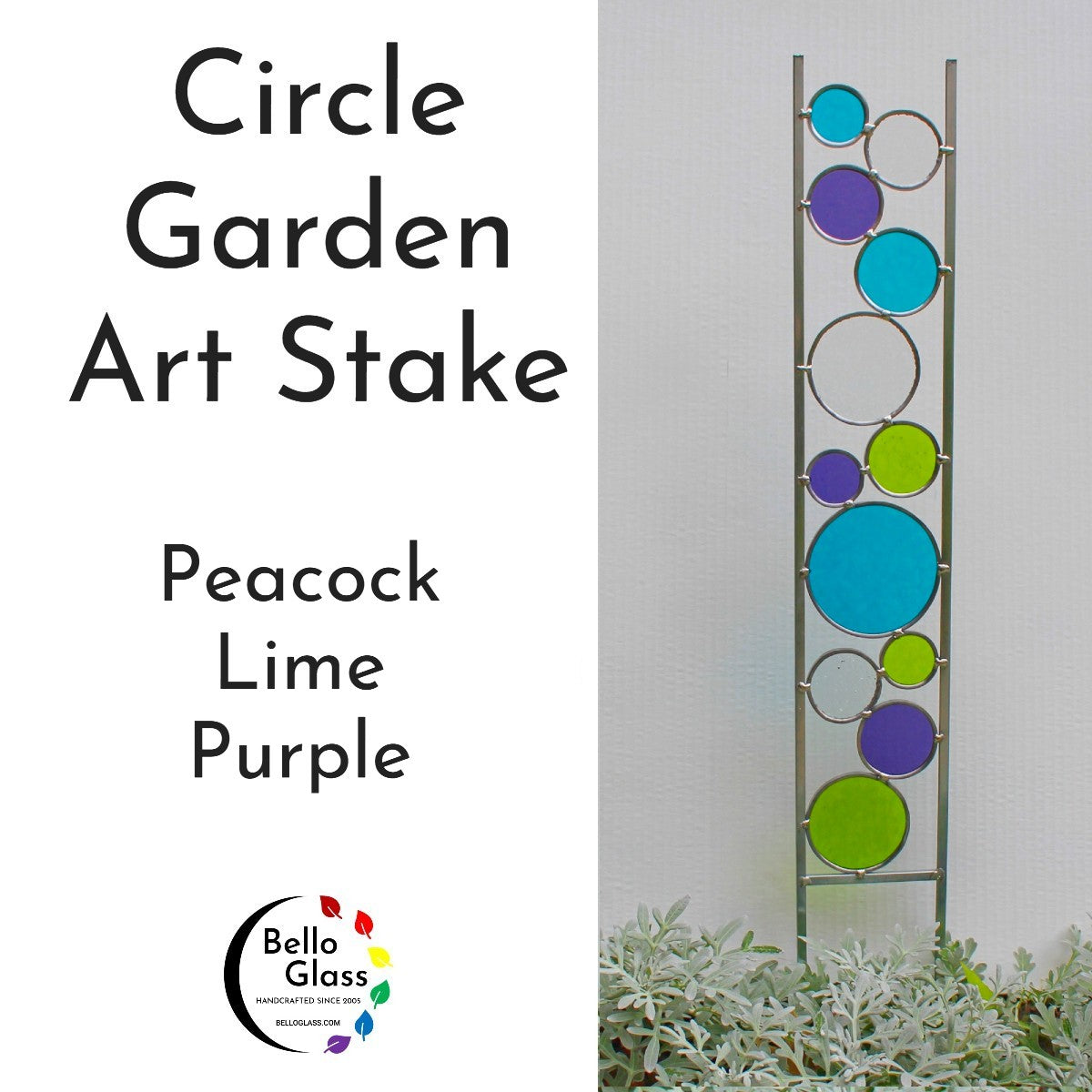 Glass Circle Garden Art Stake. Unique colorful yard décor. Peacock, Lime, Purple