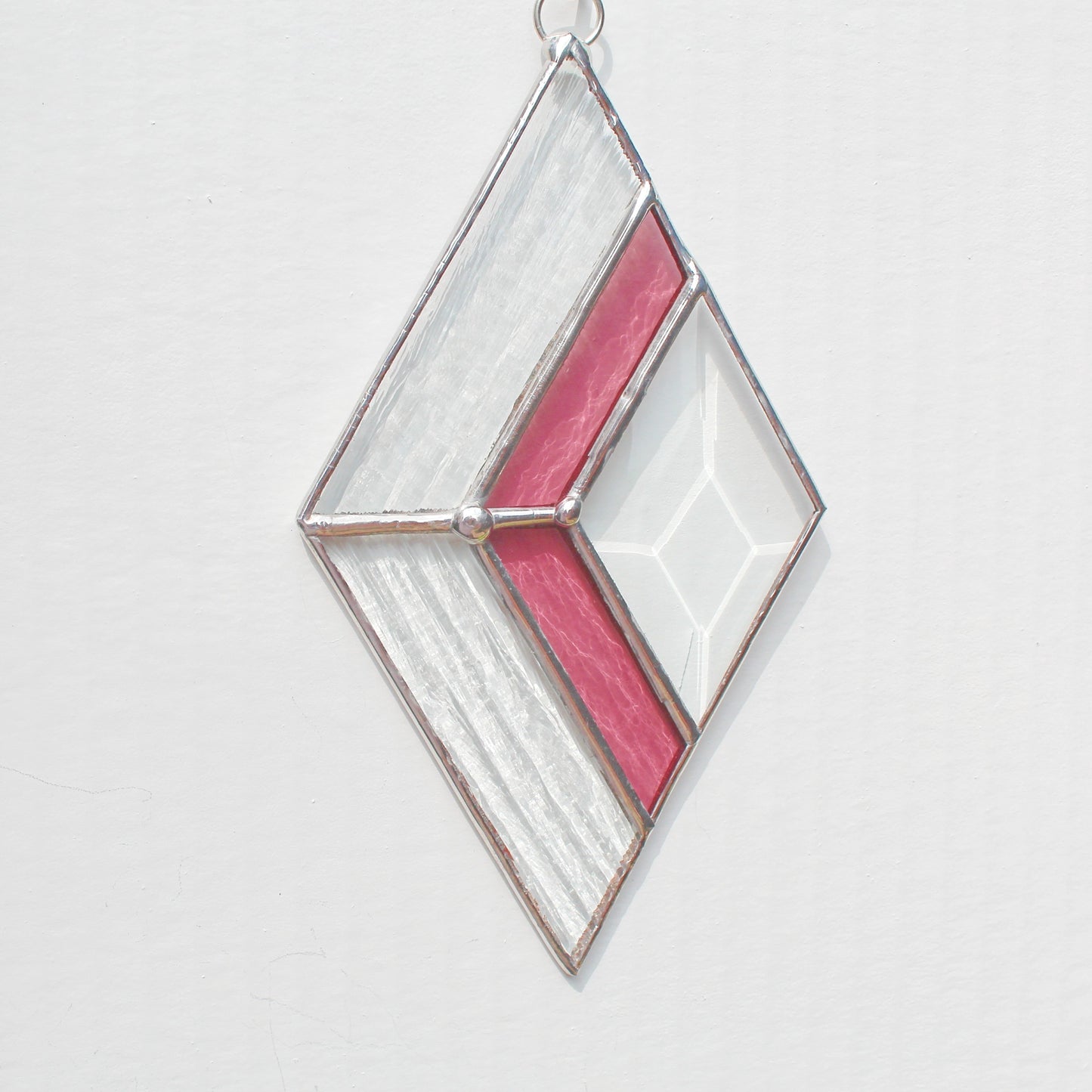 Small Diamond Stained Glass Suncatcher – Silver Finish, Faceted Bevel & Rose Accent