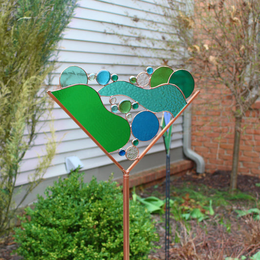 Stained Glass Martini Garden Art Stake. Greens & Blue. Colorful and unique yard decor that enhances your garden.