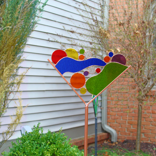 Stained Glass Martini Garden Art Stake. Primary colors. Colorful and unique yard decor that enhances your garden.