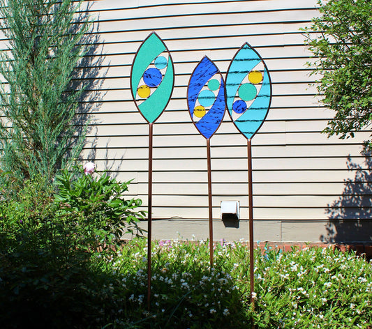 Tall Glass Garden Art Stakes. Ocean colors. You pick 1, 2 or 3. Unique yard décor gifts.