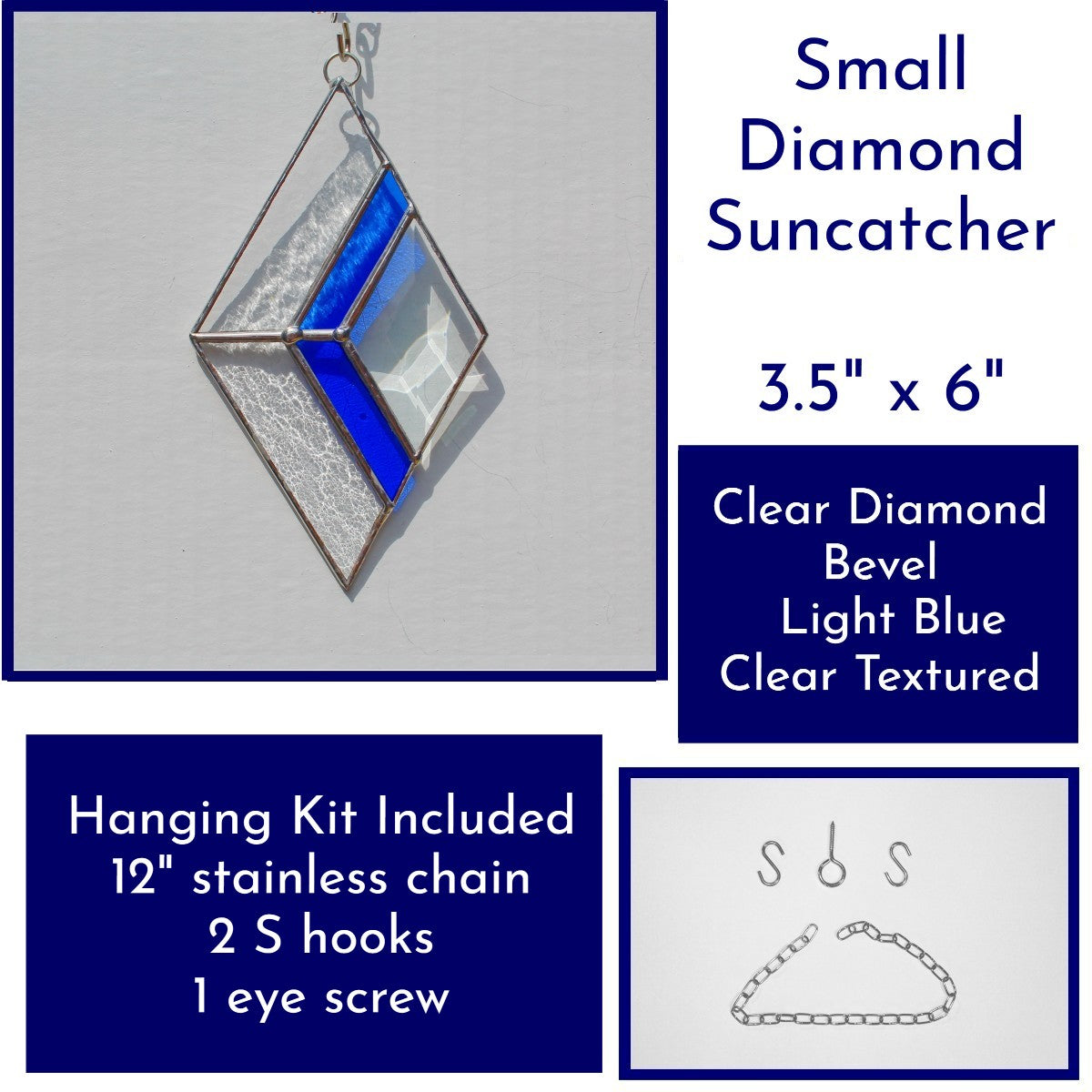 Small Diamond Stained Glass Suncatcher – Silver Finish, Faceted Bevel & Blue Accent