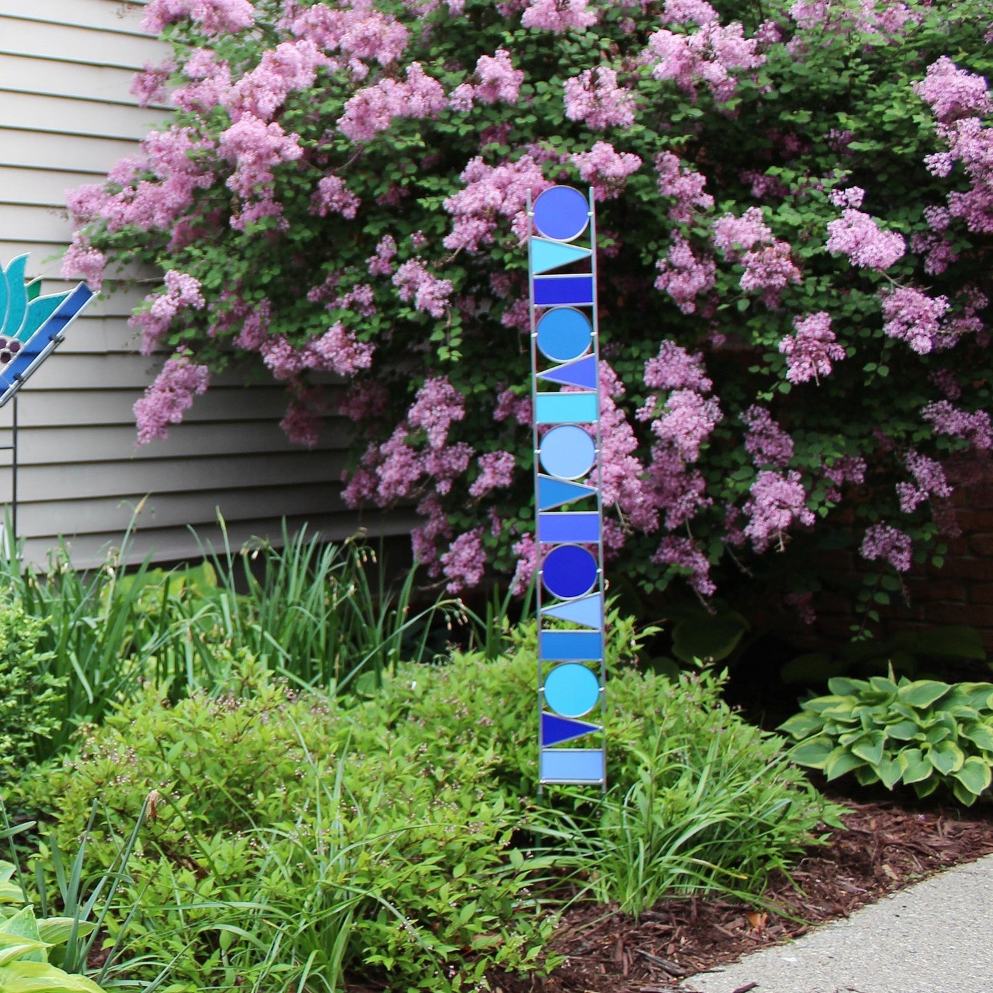 Tall Geometric Shapes Glass Garden Art Stake. Shades of Blue opaque glass.  Unique colorful yard décor.