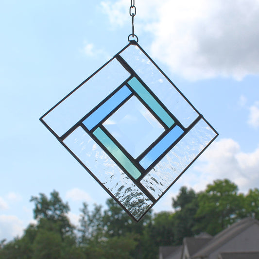 Small Square Stained Glass Suncatcher – Silver Finish, Faceted Bevel & Pale Blue & Green Accent