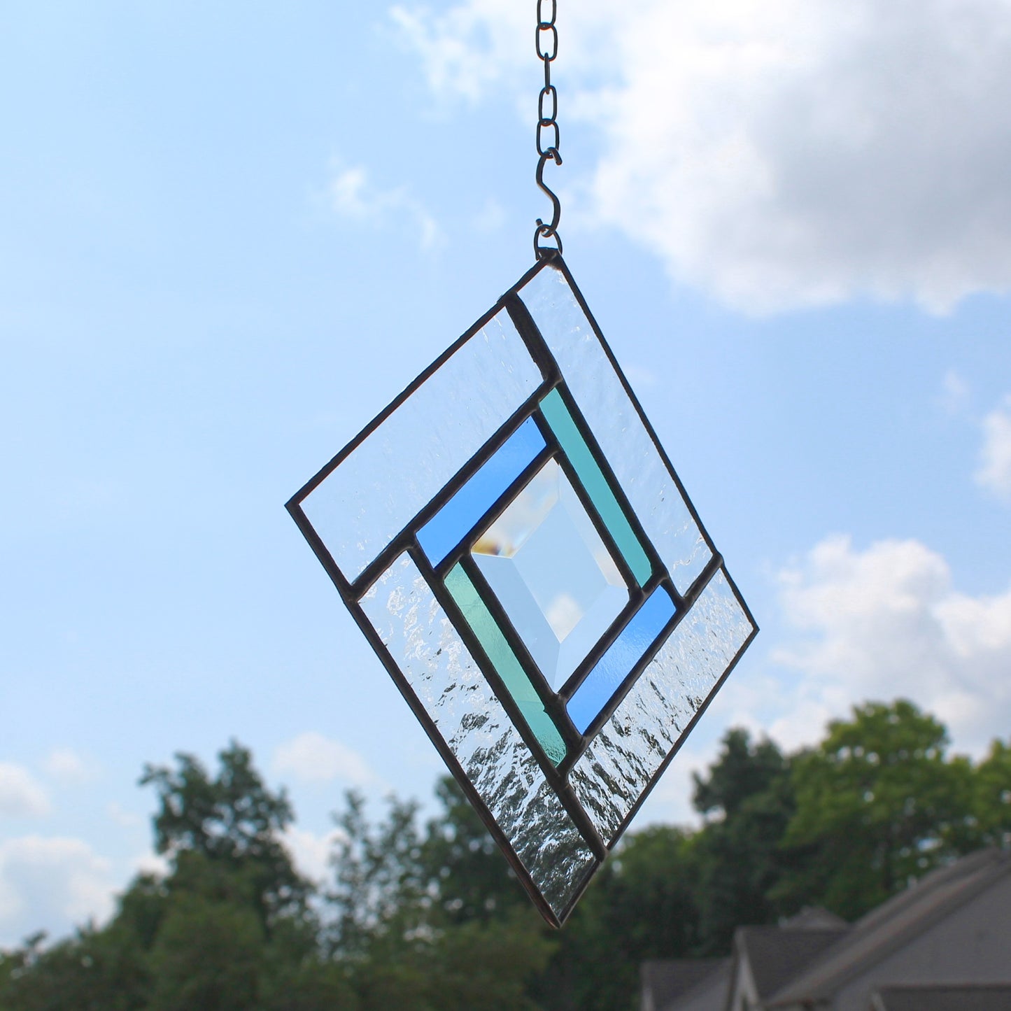 Small Square Stained Glass Suncatcher – Silver Finish, Faceted Bevel & Pale Blue & Green Accent