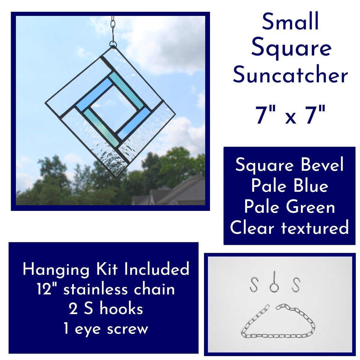 Small Square Stained Glass Suncatcher – Silver Finish, Faceted Bevel & Pale Blue & Green Accent