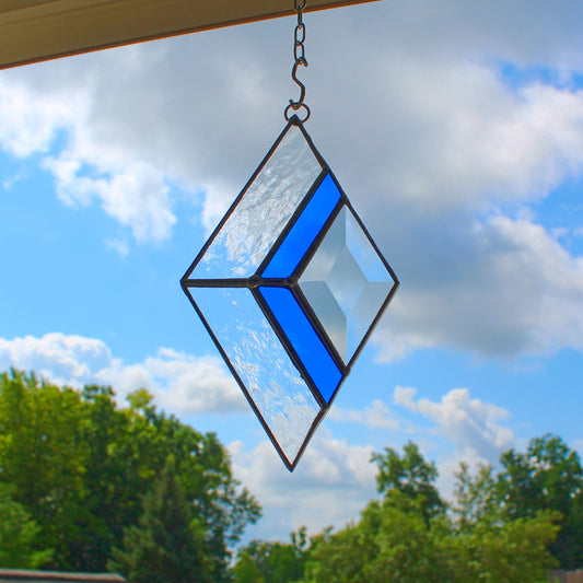 Small Diamond Stained Glass Suncatcher – Silver Finish, Faceted Bevel & Blue Accent