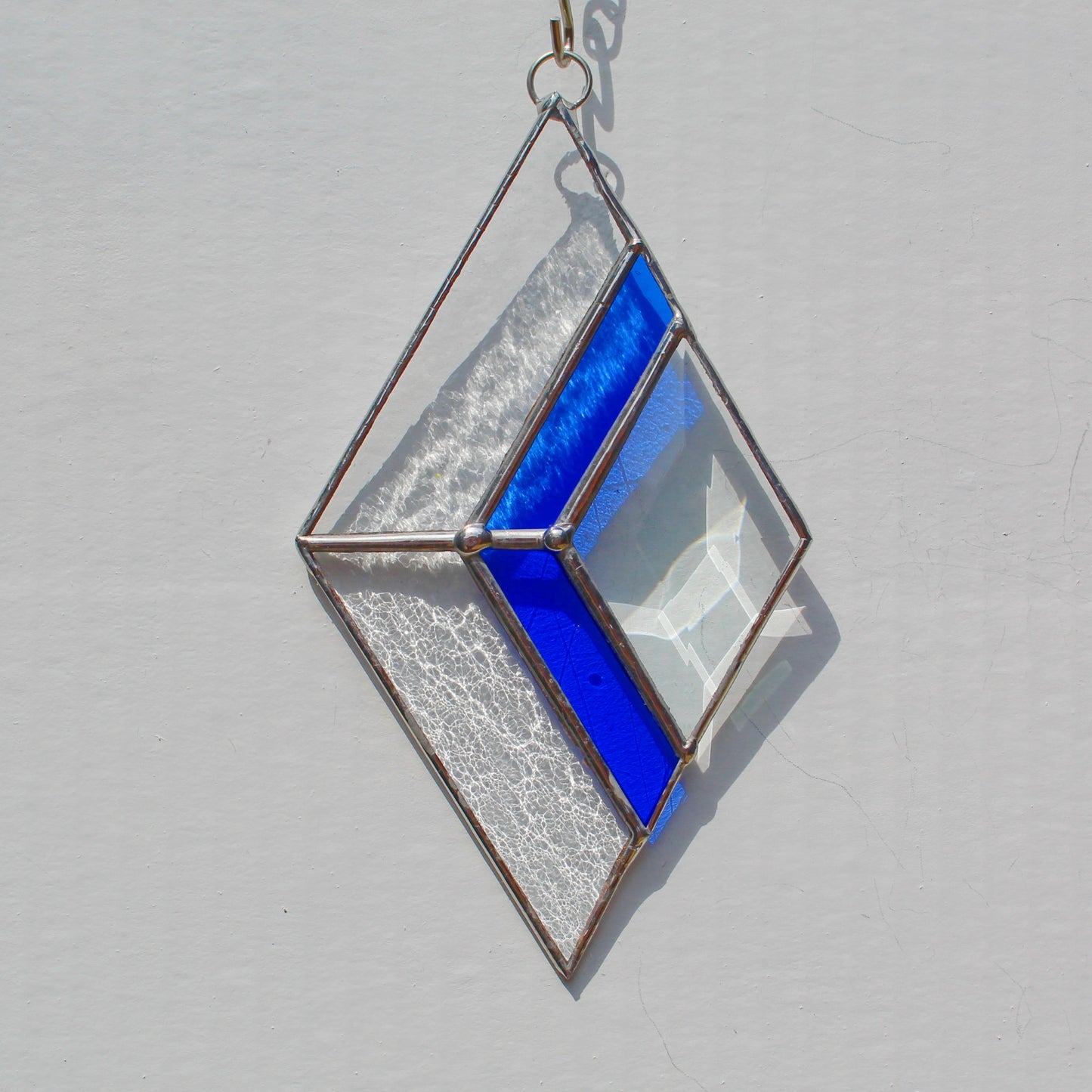 Small Diamond Stained Glass Suncatcher – Silver Finish, Faceted Bevel & Blue Accent