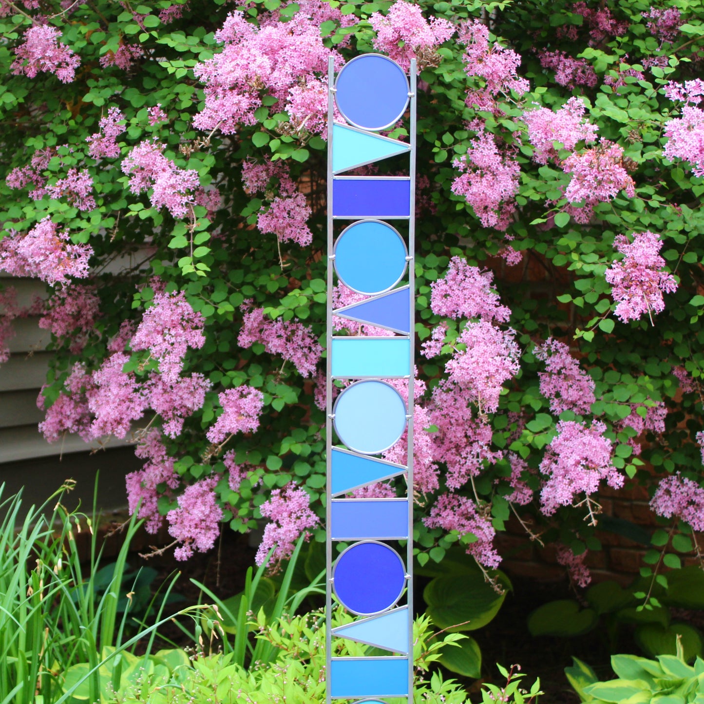 Tall Geometric Shapes Glass Garden Art Stake. Shades of Blue opaque glass.  Unique colorful yard décor.