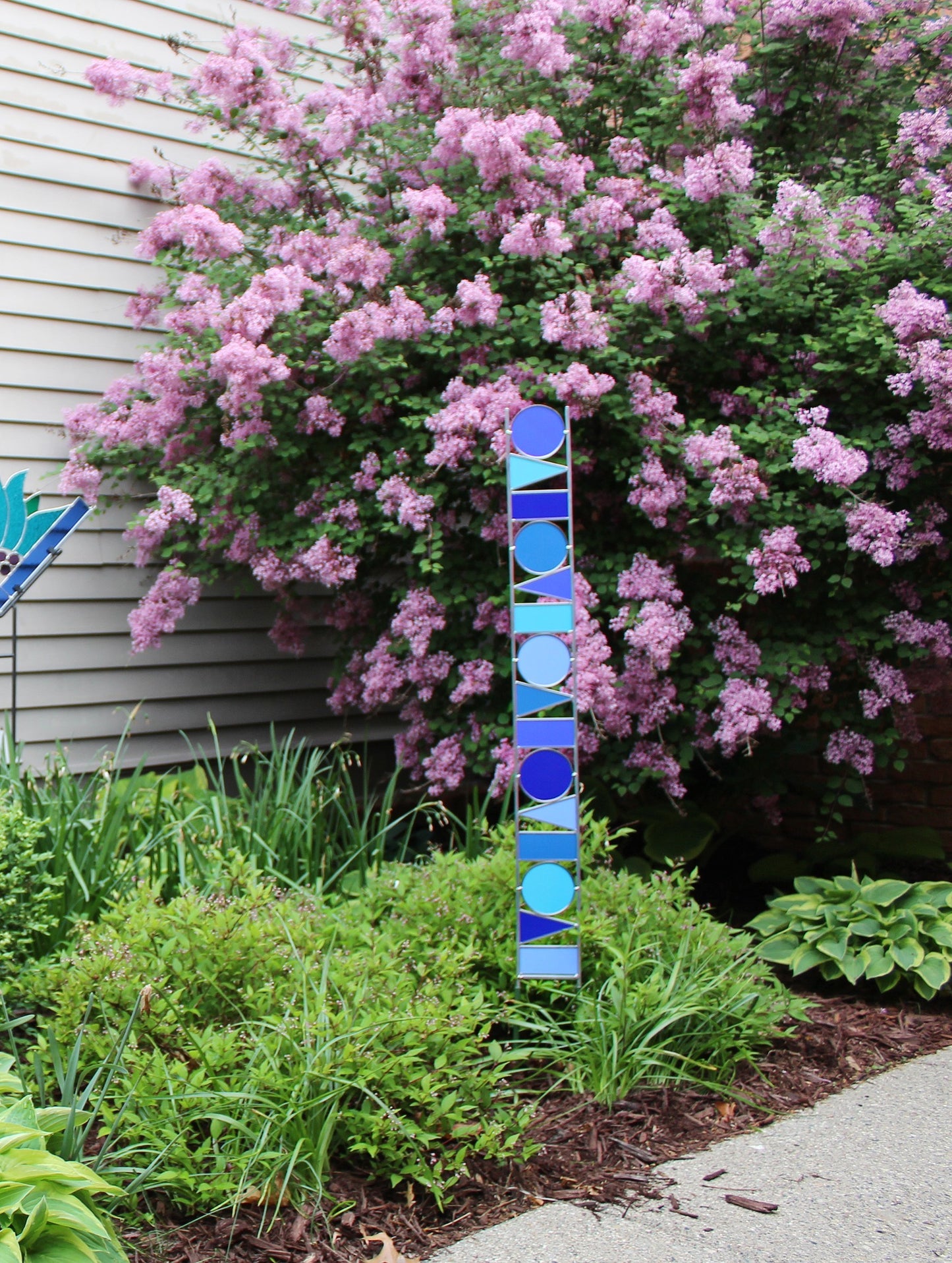 Tall Geometric Shapes Glass Garden Art Stake. Shades of Blue opaque glass.  Unique colorful yard décor.